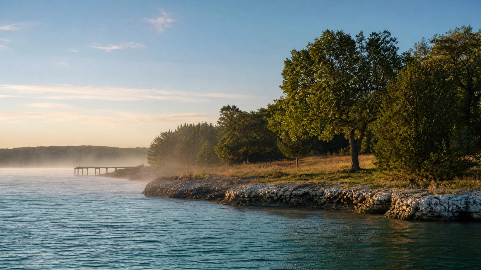Illustrative calm Lake Texoma shoreline with morning light and oak trees
