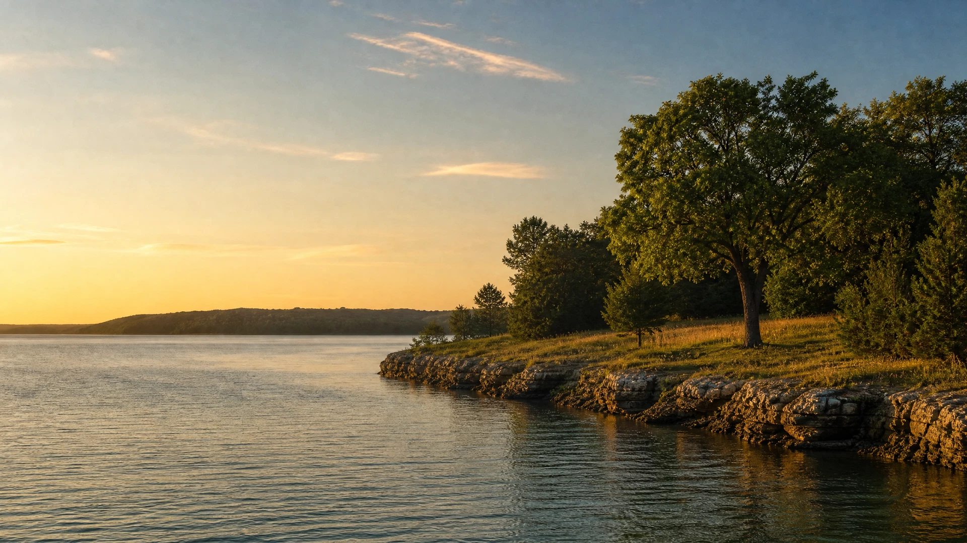 Illustrative Lake Texoma sunset over calm open water and a wooded shoreline